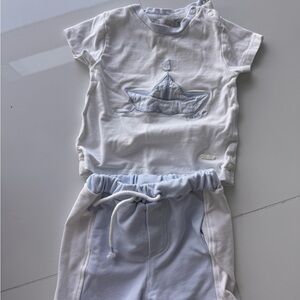 White and Light Blue Baby Outfit with Sailboat Design